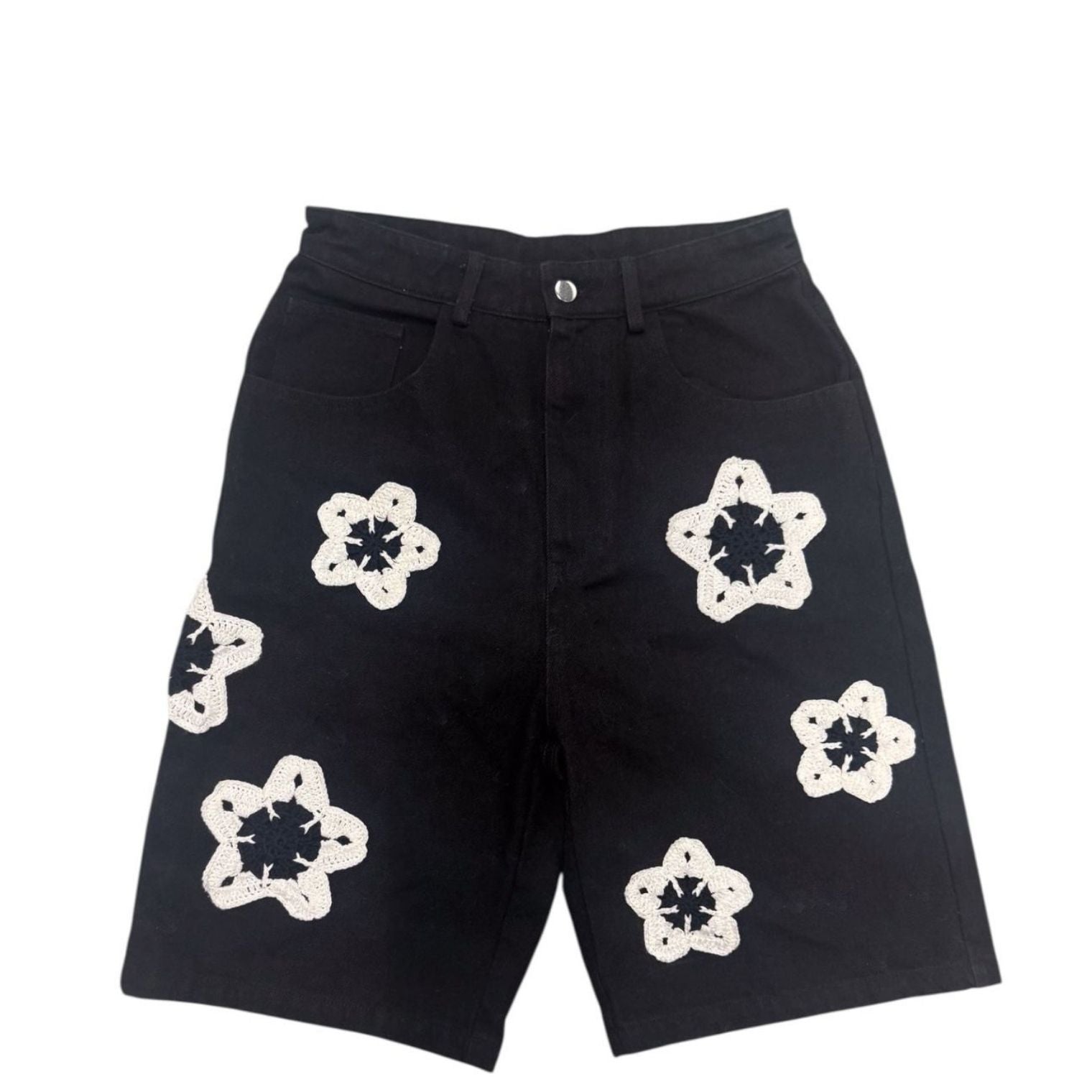 BLACK FLOWER CROCHET PATCH DENIM SHORTS – Bodega