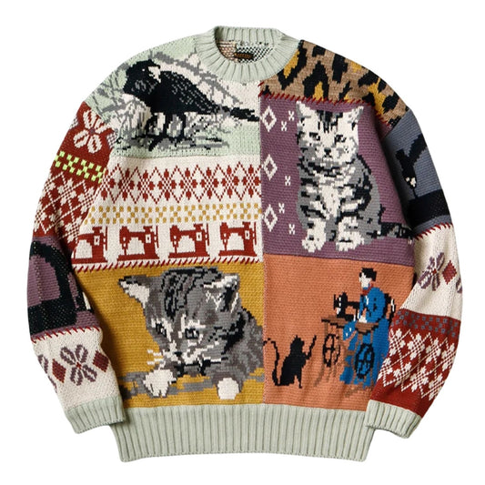 5G COTTON KNIT PATCHWORK BIG CREW SWEATER(CAT&RAVEN)