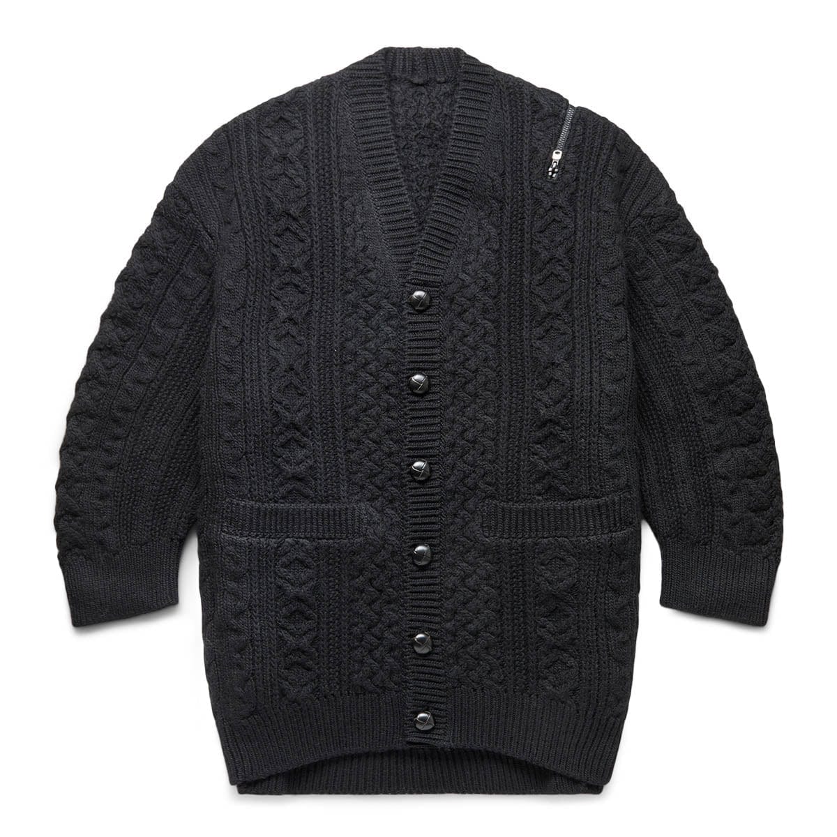 DOUBLE ZIP ARAN PATTERN CARDIGAN BLACK | Bodega