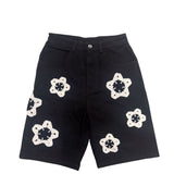 BLACK FLOWER CROCHET PATCH DENIM SHORTS