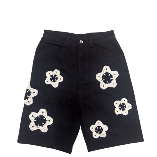 BLACK FLOWER CROCHET PATCH DENIM SHORTS