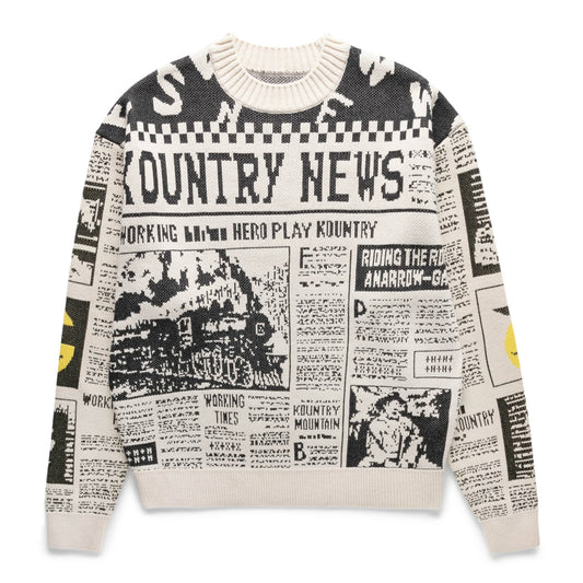 KAPITAL 8G KNIT NEWSPAPER CREW SWEATER (KOUNTRY NEWS) ECRU