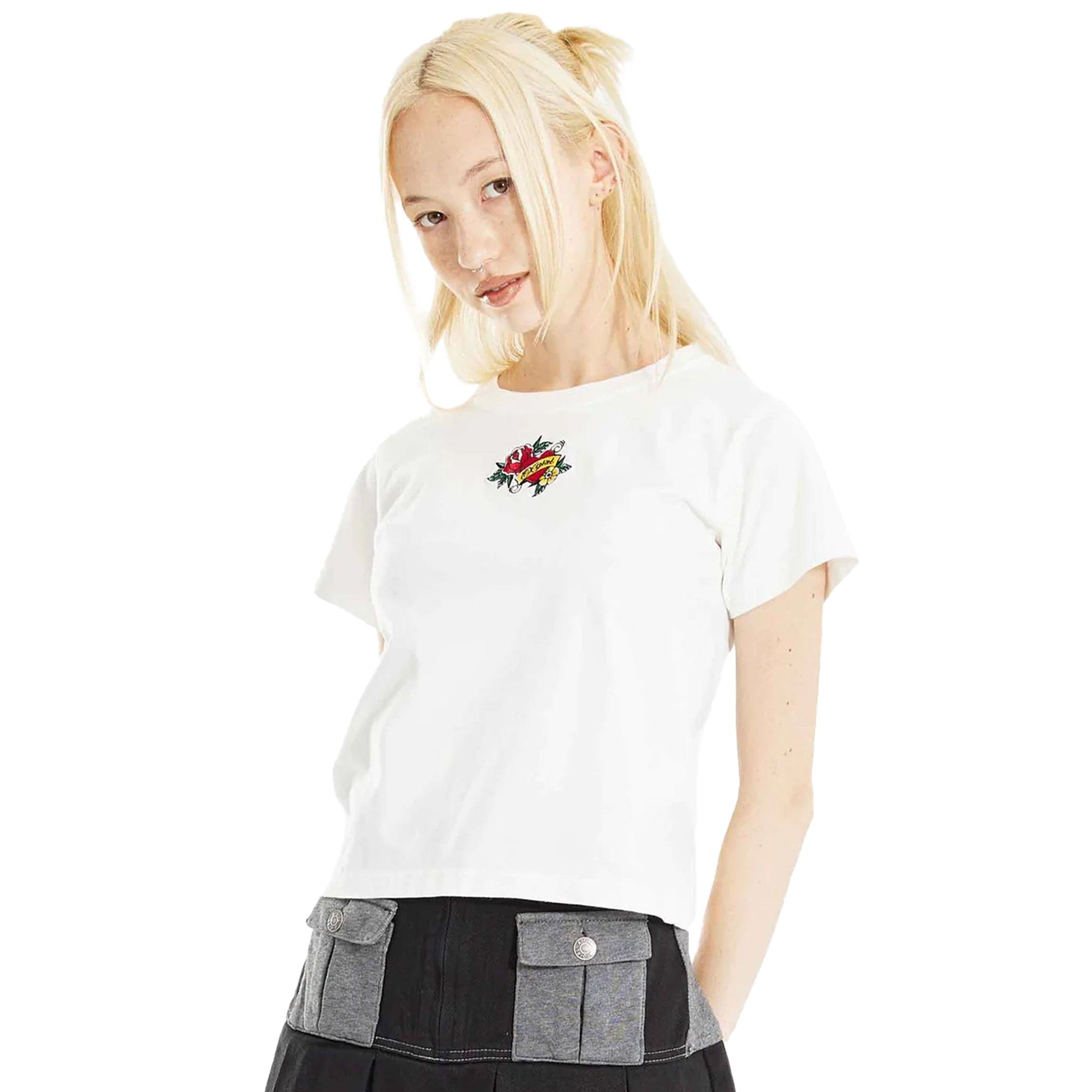 X-Girl T-Shirts ROSE HEART EMBROIDERY BABY TEE