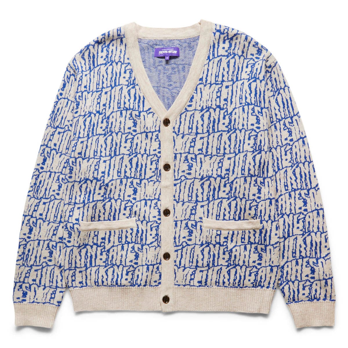 STRETCHED STAMP CARDIGAN IVORY/BLUE | Bodega