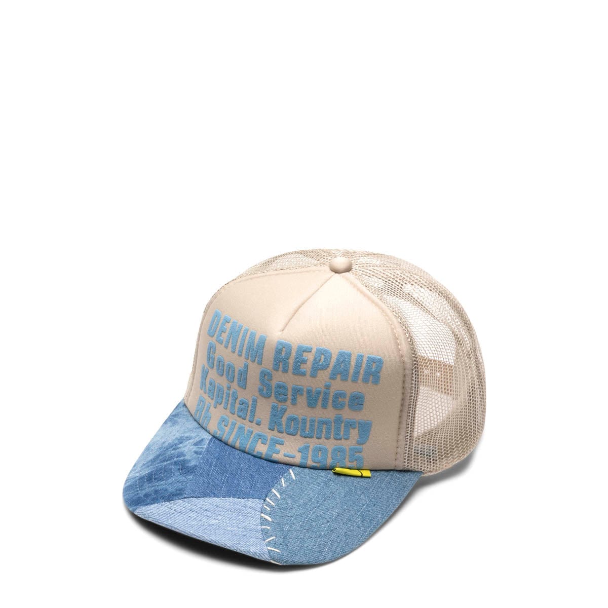 Kapital Headwear BEIGE / O/S DENIM REPAIR SERVICE DENIM-RECONSTRUCT TRUCKER CAP