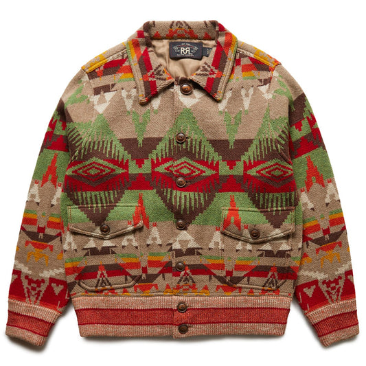 RRL WOOL-BLEND BIRDSEYE SWEATER JACKET TAN RED MULTI